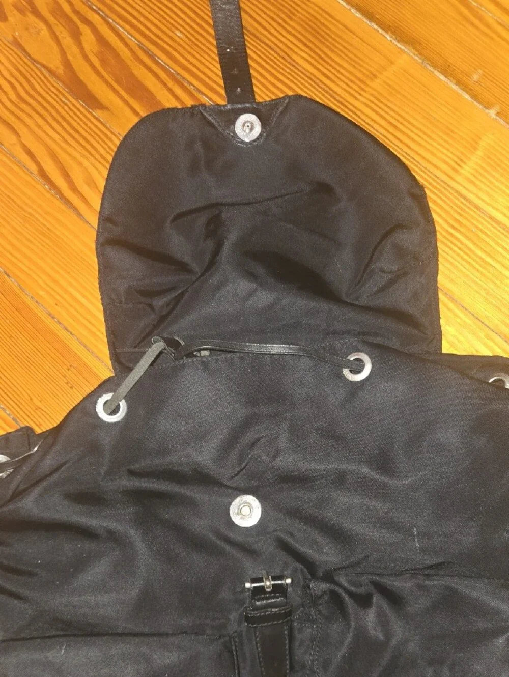 Prada Black Nylon Drawstring Backpack with Leather Trim